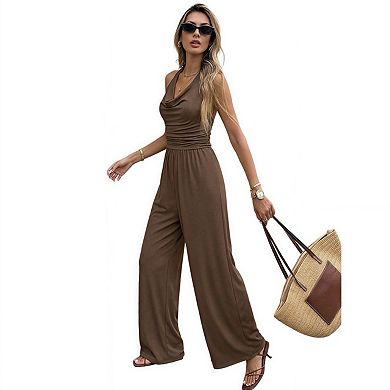 Halter Sleeveless Backless Jumpsuit, Women Cowl Neck Ribbed Texture Solid Casual Romper