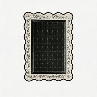 Scalloped Area Rug, Washable Low Pile Carpet, Non-Slip Soft Accent Mat, Minimalist Floral Edge