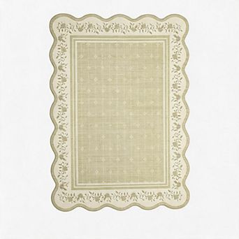 Scalloped Area Rug, Washable Low Pile Carpet, Non-Slip Soft Accent Mat, Minimalist Floral Edge