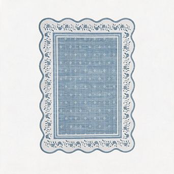 Scalloped Area Rug, Washable Low Pile Carpet, Non-Slip Soft Accent Mat, Minimalist Floral Edge