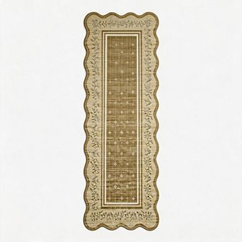 Scalloped Area Rug, Washable Low Pile Carpet, Non-Slip Soft Accent Mat, Minimalist Floral Edge