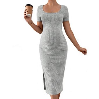 Women's Ribbed Knit Short Sleeve Bodycon Maternity Dress with Side Slit Midi Dress