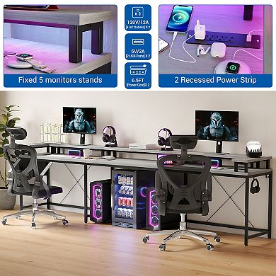 79" U-Shaped Reversible Computer Desk, RGB Light, Power Outlet, Monitor Stand & Shelf