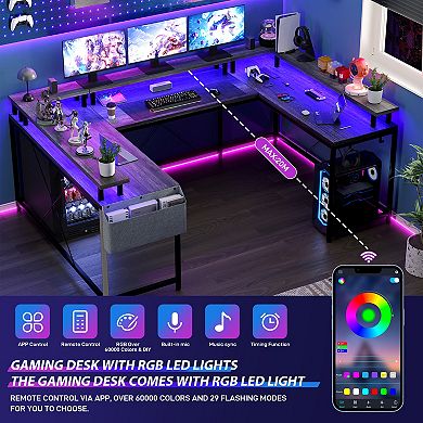 79" U-Shaped Reversible Computer Desk, RGB Light, Power Outlet, Monitor Stand & Shelf