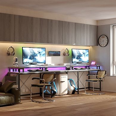 79" U-Shaped Reversible Computer Desk, RGB Light, Power Outlet, Monitor Stand & Shelf