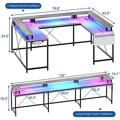 79" U-Shaped Reversible Computer Desk, RGB Light, Power Outlet, Monitor Stand & Shelf