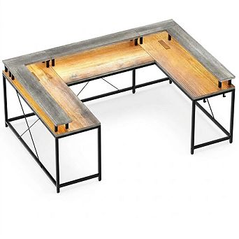 79" U-Shaped Reversible Computer Desk, RGB Light, Power Outlet, Monitor Stand & Shelf