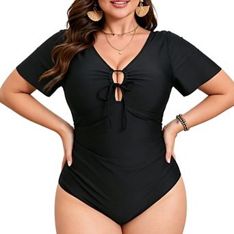 Plus Size Floral One Piece Swimsuit Short Sleeve Tie Front Tummy Control Bathing Suit