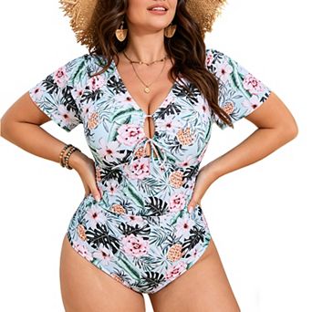 Plus Size Floral One Piece Swimsuit Short Sleeve Tie Front Tummy Control Bathing Suit