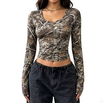 Women's Camo Print Long Sleeve Crop Top Deep V Neck Fitted Casual T-Shirt
