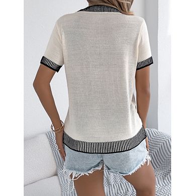 Women Knit Short Sleeve Top Casual Crewneck Sweater Tee with Pocket