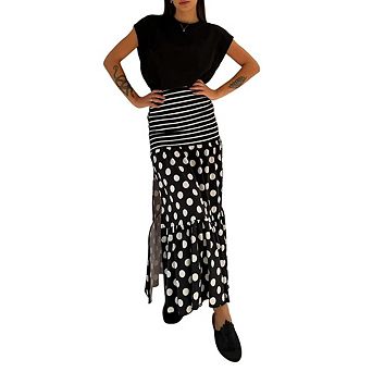 Women Polka Dot Striped Tiered Maxi Skirt with Slit High Waisted Casual Skirt