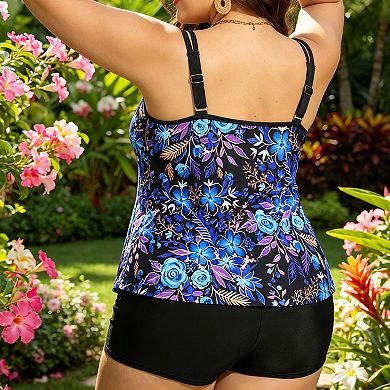 Plus Size Floral Tankini Swimsuit Two Piece Adjustable Strap Boy Shorts Bathing Suit