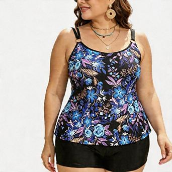 Plus Size Floral Tankini Swimsuit Two Piece Adjustable Strap Boy Shorts Bathing Suit