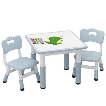 Kids Table and 2 Chairs Set, Height Adjustable Toddler Table Set with Graffiti Desktop