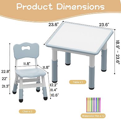 Kids Table and 2 Chairs Set, Height Adjustable Toddler Table Set with Graffiti Desktop