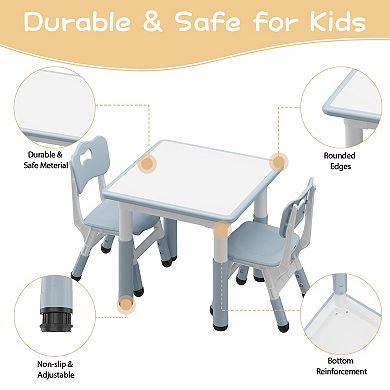 Kids Table and 2 Chairs Set, Height Adjustable Toddler Table Set with Graffiti Desktop