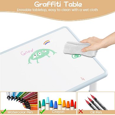 Kids Table and 2 Chairs Set, Height Adjustable Toddler Table Set with Graffiti Desktop