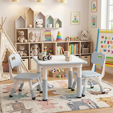 Kids Table and 2 Chairs Set, Height Adjustable Toddler Table Set with Graffiti Desktop