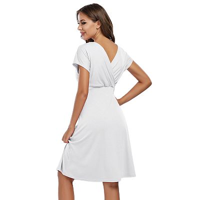 white short pregnancy dress INSPIRE CHIC Women's Maternity Dress Boho Pleated Midi Tie Waist Belted Baby Shower Short Sleeve Babydoll Pregnancy Photoshoot Medium White
