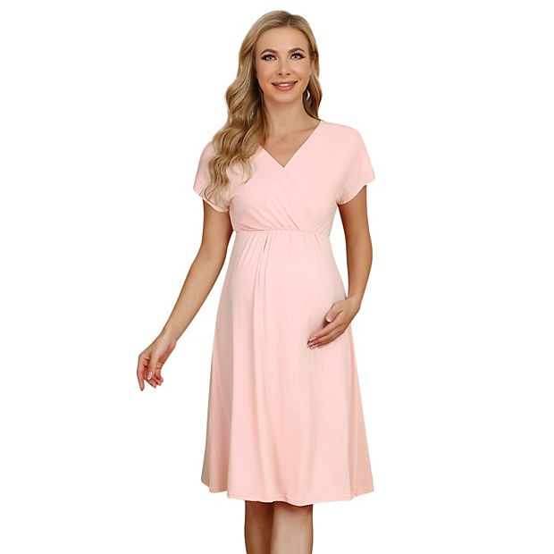 Maternity V Neck Short Sleeve A Line Dress Casual Pregnancy Dress