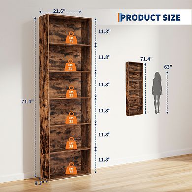Industrial Tall Wood Grain Bookshelf, Slim Modern Storage Shelf with Adjustable Shelving