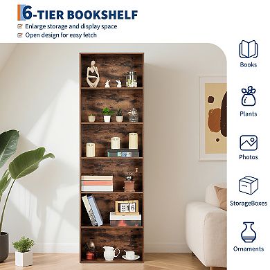 Industrial Tall Wood Grain Bookshelf, Slim Modern Storage Shelf with Adjustable Shelving