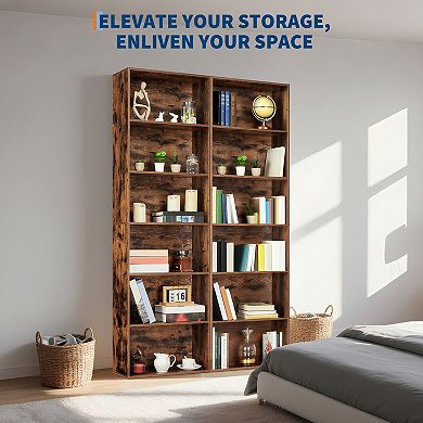 Industrial Tall Wood Grain Bookshelf, Slim Modern Storage Shelf with Adjustable Shelving