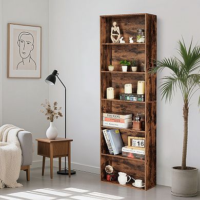 Industrial Tall Wood Grain Bookshelf, Slim Modern Storage Shelf with Adjustable Shelving