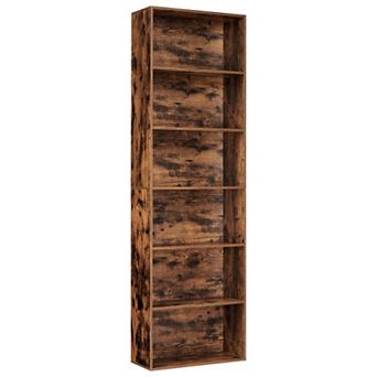 Industrial Tall Wood Grain Bookshelf, Slim Modern Storage Shelf with Adjustable Shelving
