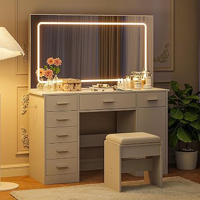 Vanity Desk with 3 Lighting Modes, Charging Station & 7 Drawers, Makeup Table for Bedroom