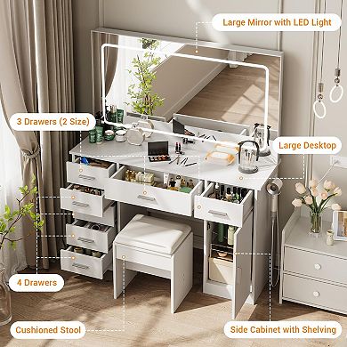Vanity Desk with 3 Lighting Modes, Charging Station & 7 Drawers, Makeup Table for Bedroom