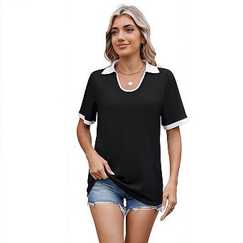 Women's Casual Loose t-Shirt with Contrast Lapel Short Sleeve