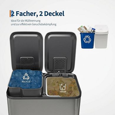 30L Dual Compartment Stainless Steel Trash Can with Soft Close Lid & Removable Inner Bins
