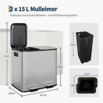 30L Dual Compartment Stainless Steel Trash Can with Soft Close Lid & Removable Inner Bins