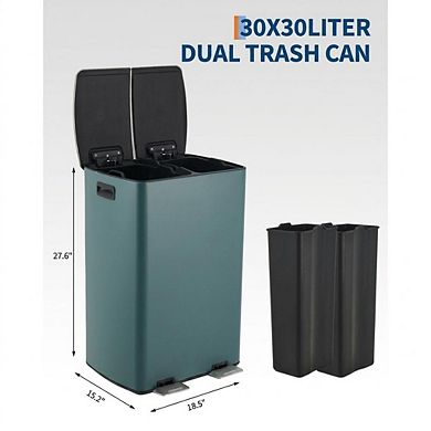 16 Gallon/60L Stainless Steel Dual Compartment Trash Can with Soft Close Lid for Home & Office