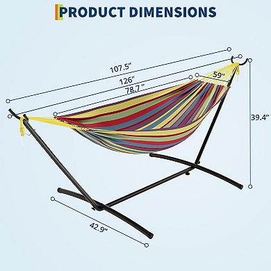 Portable Double Hammock with Steel Stand, Adjustable Height Outdoor Indoor with Carry Bag