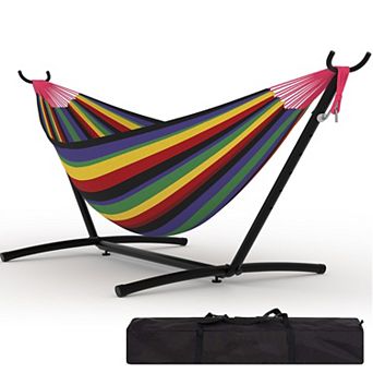 Portable Double Hammock with Steel Stand, Adjustable Height Outdoor Indoor with Carry Bag