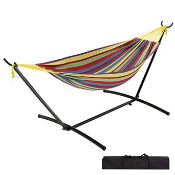 Portable Double Hammock with Steel Stand, Adjustable Height Outdoor Indoor with Carry Bag