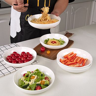 Set of 6 Ceramic Pasta Bowls, 8 Inch Wide Rim Dinner Bowls, Microwave and Dishwasher Safe