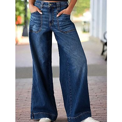 Women's Stretch Wide Leg Denim Jeans, High Waist Patch Pocket Casual Long Pants