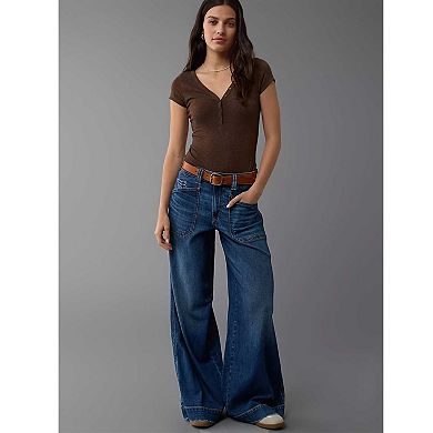 Women's Stretch Wide Leg Denim Jeans, High Waist Patch Pocket Casual Long Pants