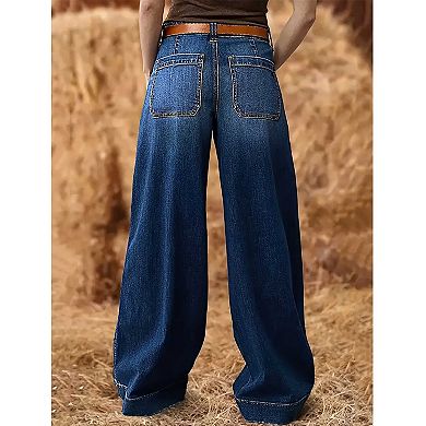 Women's Stretch Wide Leg Denim Jeans, High Waist Patch Pocket Casual Long Pants