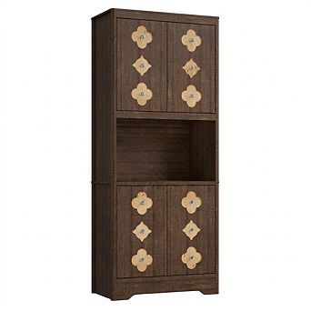 Mid Century Modern Kitchen Pantry Cabinet, Wooden Storage Cupboard with Microwave Shelf