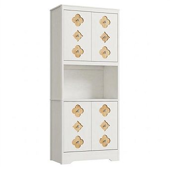 Mid Century Modern Kitchen Pantry Cabinet, Wooden Storage Cupboard with Microwave Shelf