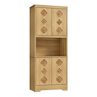 Mid Century Modern Kitchen Pantry Cabinet, Wooden Storage Cupboard with Microwave Shelf