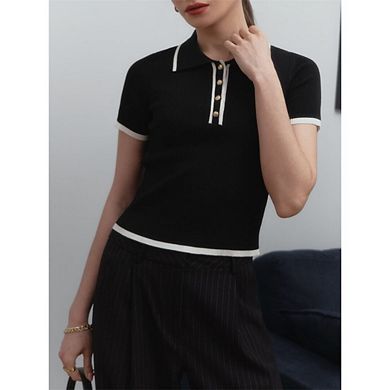 Women's Short Sleeve Lapel Knit Polo Top Slim Fit Contrast Color Design