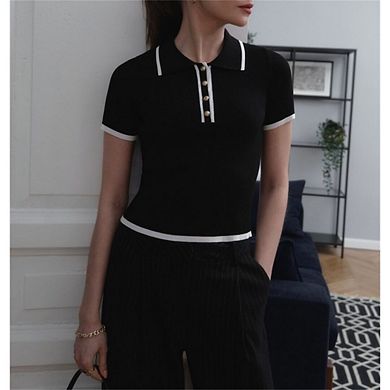 Women's Short Sleeve Lapel Knit Polo Top Slim Fit Contrast Color Design