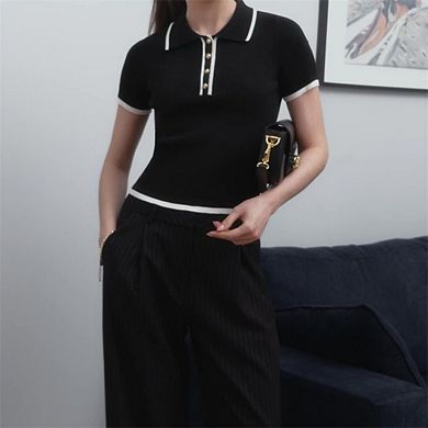 Women's Short Sleeve Lapel Knit Polo Top Slim Fit Contrast Color Design