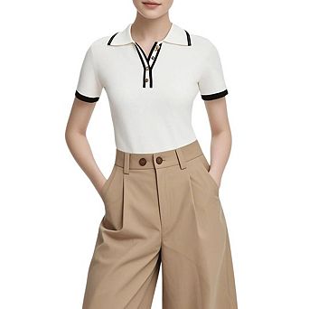 Women's Short Sleeve Lapel Knit Polo Top Slim Fit Contrast Color Design